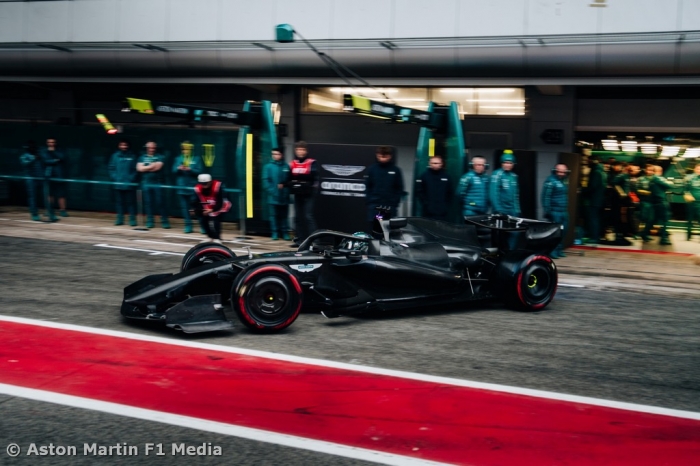 AMR26 makes debut in Barcelona shakedown